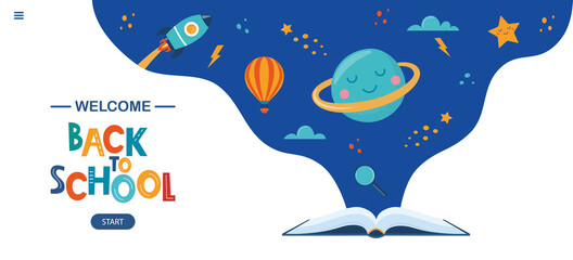 Open book and space elements. Planet, rocket, star, cloud, aerostat. Education concept for kids. Knowledge, creativity, discoveries. Design for educational motivational banner. Back to school. Vector.