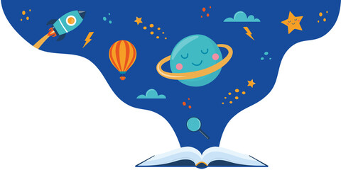 Fototapeta na wymiar Open book and space elements. Planet, rocket, star, cloud, aerostat. Education concept for kids. Knowledge, creativity, discoveries. Design for educational motivational banner. Back to school. Vector.