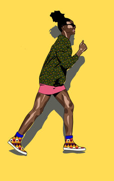 Stylish black woman running on yellow background. healthy woman