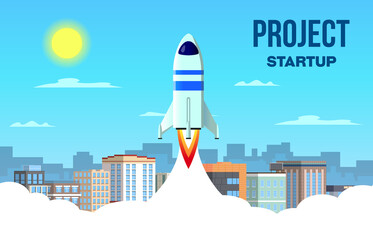 Rocket flying up against the background of the city.  Startup business lettering below.  Startup background.