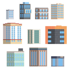 A set of buildings of different shapes and heights. Isolated over white background. Houses for the streets. Simple style
