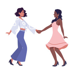 Fototapeta na wymiar Lesbian homosexual couple dancing lindy hop or swing at class or party. Women holding hands. Lgbt family on romantic date. Homosexuality. LGBTQ+ people love, diversity, relationship, pride parade
