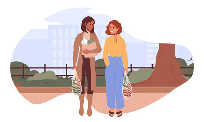 Fototapeta premium Lesbian homosexual couple carry groceries, eco bags with purchases. Lgbt family lifestyle moment. Flat vector cartoon illustration. Romantic partners, marriage, life partner.