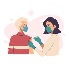 Vaccination, immunization concept. Set of doctors, nurses, pediatrician vaccinating people, adults, children, elderly patients. Medical office, laboratory. Hospital staff in masks, gloves with syringe