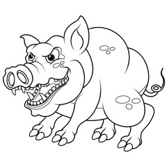 Angry boar coloring book on white isolated background. Vector illustration of a pig.