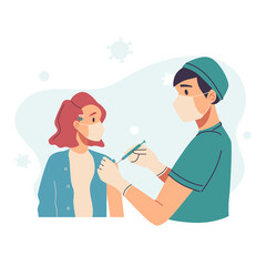 Vaccination, immunization concept. Set of doctors, nurses, pediatrician vaccinating people, children, kids, young patients. Medical office, laboratory. Hospital staff in masks, gloves with syringe