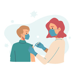 Fototapeta premium Vaccination, immunization concept. Set of doctors, nurses, pediatrician vaccinating people, children, kids, young patients. Medical office, laboratory. Hospital staff in masks, gloves with syringe