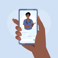 Smartphone screen with therapist. Chat in messenger and online consultation. Vector flat banner template. Ask doctor. Online medical advise or consultation service for telemedicine, cardiology