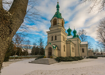 Orthodox church in the village of Ryboły in winter