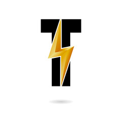 T Thunder Bolt Logo Design Concept in Black and Yellow. Flash Logo.