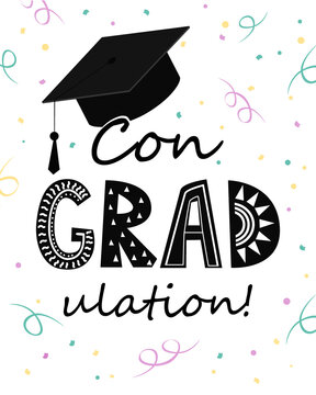 Congratulations on graduation, graduate cap with congradulation lettering and tinsel