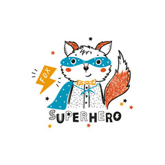 Colorful Tee Print design for Kids with Funny Cute Fox in Mask and Superhero Cape. Cartoon Doodle Animal. Poster for Children Vector Illustration
