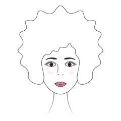 Womans face. Brown eyes. The girl's head full face. Vector illustration. Hairstyle short curls. Long eyelashes. Full lips and blush on the cheeks. Female portrait. Outline on an isolated background.