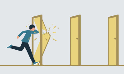 Vector illustration of a running man who destroys closed doors on his way. The metaphor of overcoming obstacles. The concept of a breakthrough.