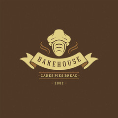 Bakery badge or label retro vector illustration. Bread or loaf i chef hat silhouette for bakehouse.