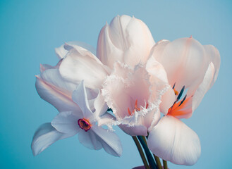 Fototapeta na wymiar white flowers, a bouquet on a blue background, tulips and daffodils.