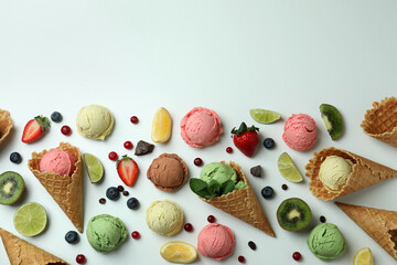 Fruit ice cream and ingredients on white background, space for text