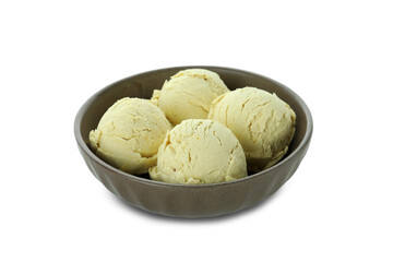 Bowl with ice cream balls isolated on white background