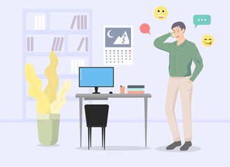 Businessman manager freelancer working online in office speaking on mobile phone.