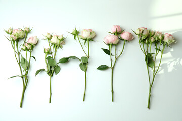 Branches of pink roses on white background