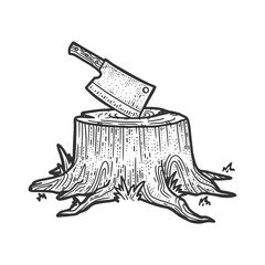 Kitchen cleaver hatchet knife stuck in tree stump sketch engraving vector illustration. T-shirt apparel print design. Scratch board imitation. Black and white hand drawn image.