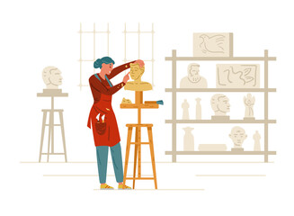 Woman Sculptor Making Statue In Workshop Interior. Artisan Female Character Vector Illustration. 