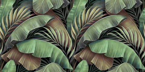 Tapeten Tropisches nahtloses Muster mit schöner Palme, Bananenblätter. Handgezeichnete Vintage 3D-Illustration. Bezauberndes exotisches abstraktes Hintergrunddesign. Gut für Luxustapeten, Stoff, Stoffdruck, Waren © alenarbuz
