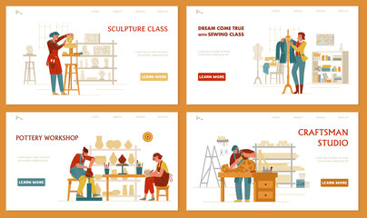 Crafts And Hobbies Set Of Vector Landing Page Templates. Sculpture, Sewing, Pottery, Сarpentry.