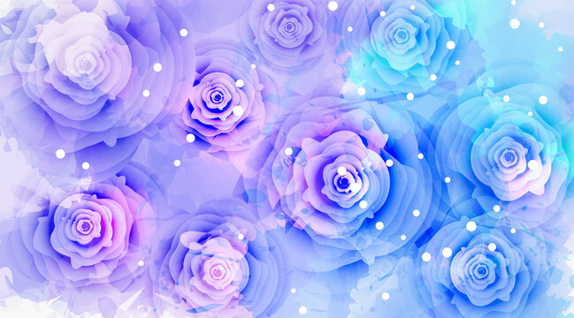 Abstract background with watercolor colorful splashes and rose flowers. Purple and blue colored. Template for your designs, such as wedding invitation, greeting card, posters, etc.