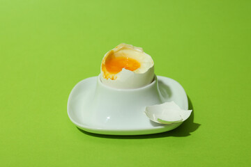 Concept of tasty breakfast with boiled egg, close up