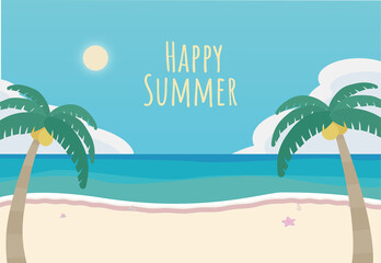 夏の海辺 絵葉書 暑中見舞い ベクターイラスト 塗り足し3mm