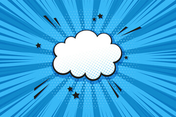 Pop art background. Halftone comic pattern with speech bubble, starburst. Cartoon retro texture with dots. Blue duotone effect. Vintage gradient banner. Vector illustration. Funny superhero print.
