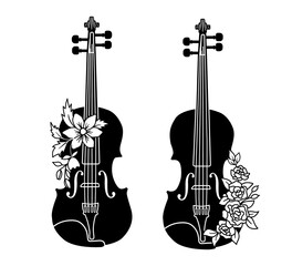 Violin with flowers roses in doodle style isolated on white background. Vector illustration.