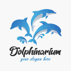 Dolphinarium oceanarium logo. Aqua, marine park with jumping dolphin element. Underwater zoo sign.