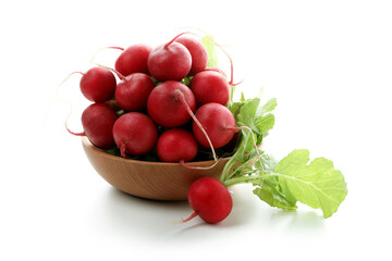 Bowl with red radish isolated on white background