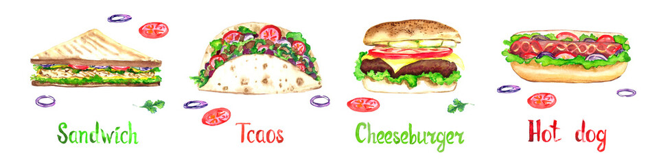 Sandwich, Tacos, Cheesburger, Hot dog collection isolated on white hand painted watercolor illustration with handwritten inscription