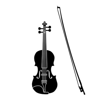 The vector black silhouette of the violin and bow is isolated on a white background. Illustration in simple style.