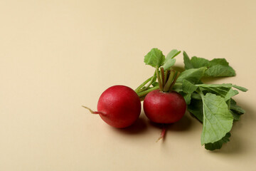 Fresh radish on beige background, space for text