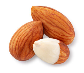 Almond isolated. Almonds on white background. Three almond nuts top view. With clipping path. Full...