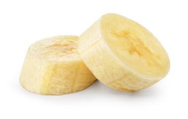 Banana slice isolated. Bananas on white background. Two banana slices with clipping path.