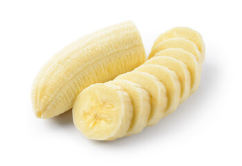 Banana slices and a half isolated. Bananas on white background. Banana slice with clipping path.