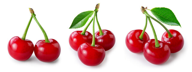Cherry isolated. Sour cherry. Cherries with leaves on white background. Sour cherri set.