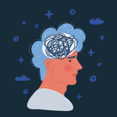Vector illustration of Stressed man upset frustrated has too many thoughts and mess in his head