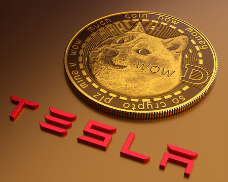 United States February 2021:Tesla buys dollar 1.5 billion in bitcoin. Tesla invests in CryptoCurrency. Red Tesla logo with goldish bitcoin. You can buy a tesla car with bitcoins. 3D Illustration. 
