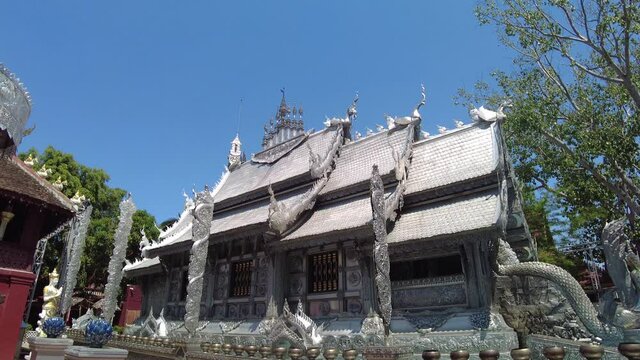 Exterior view of a famous silver temple of Wat Sri Supan in Chiang mai province, Thailand. The delicate decorations are made of pure silver.  