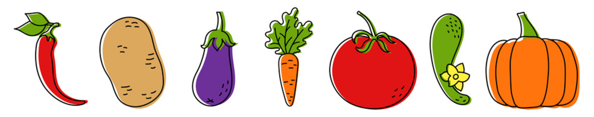 Vegetable sketch. Chilli pepper, potato, eggplant, carrot and tomato. Fresh cucumber with green leaves and pumpkin. Vector illustration. Hand drawn color icons. Healthy food. Vegetarian product