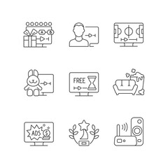 Broadcast services linear icons set. Viewing episodes. User account. Sports streaming. Cartoons. Customizable thin line contour symbols. Isolated vector outline illustrations. Editable stroke