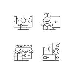 Broadcast services linear icons set. Cartoons, sports, TV shows streaming. Wi-Fi connection. Customizable thin line contour symbols. Isolated vector outline illustrations. Editable stroke