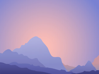 Beautiful dark blue mountain landscape with fog, sunrise or sunset in mountains, vector illustration 10EPS