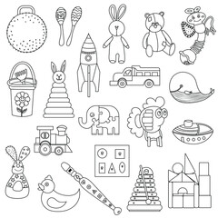 Kids toys set doodle. Collection of toys for small children. Activity and fun games. Vector hand drawing illustration isolated on white background.